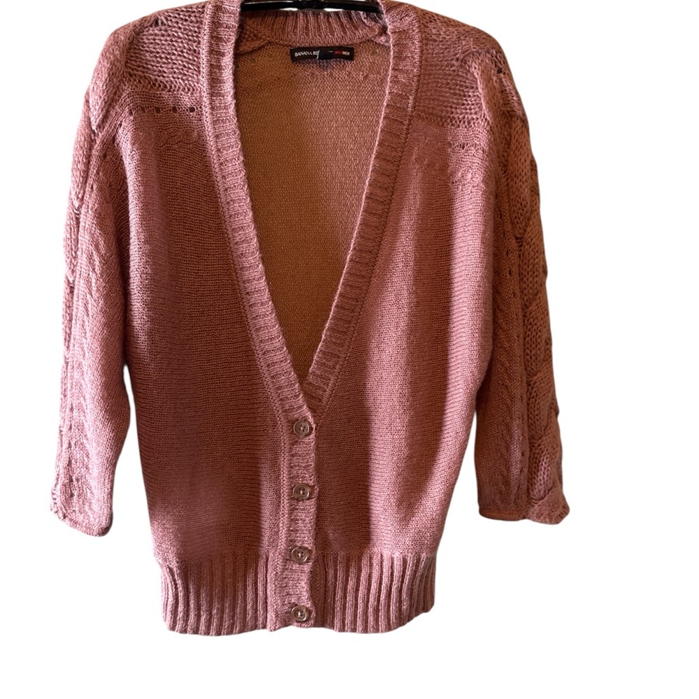 Banana Republic Sweater Mohair Blend Womens Pink VNeck Cardigan 3/4 Sleeves Crop